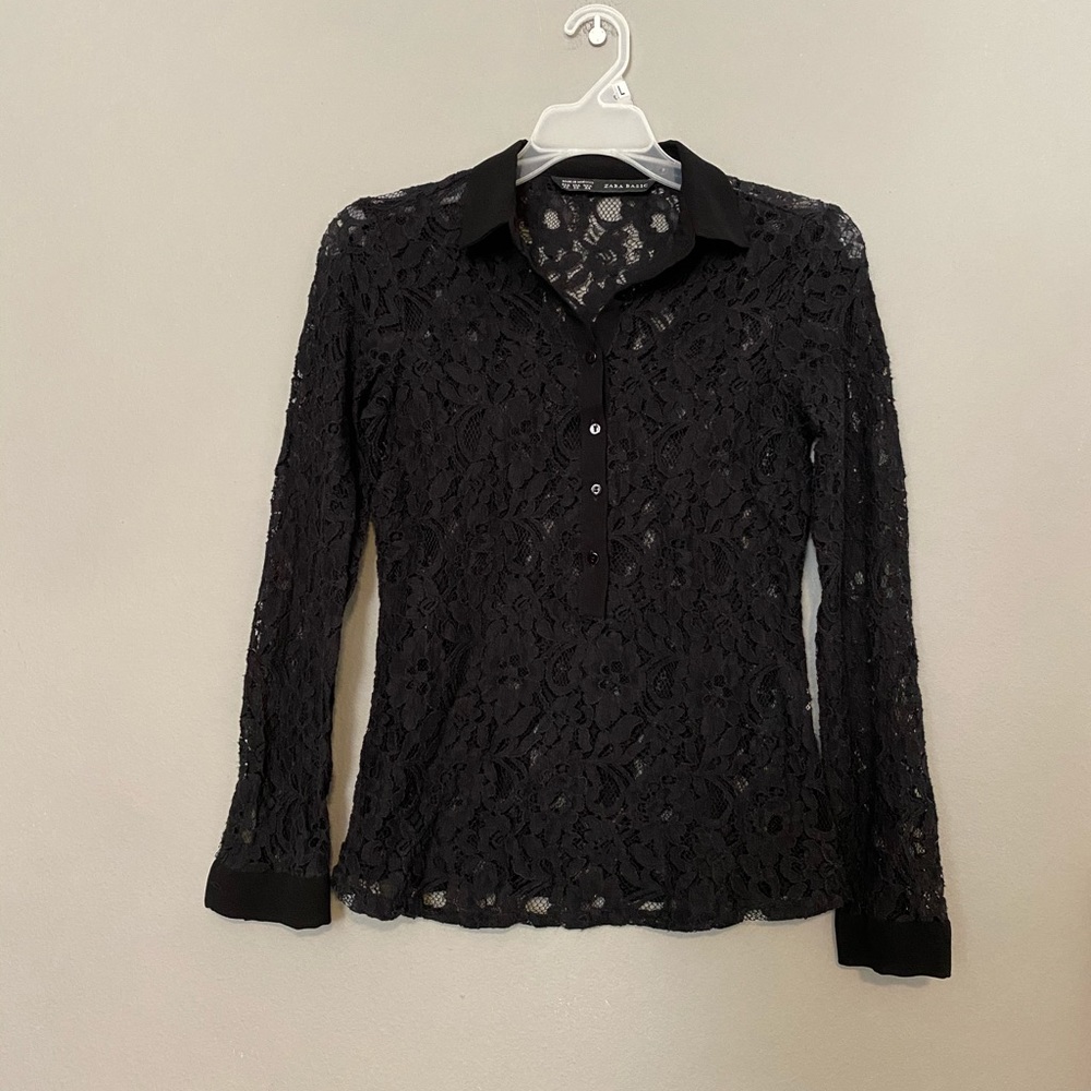 Zara Basic Lace Top XS Black Half Button Down